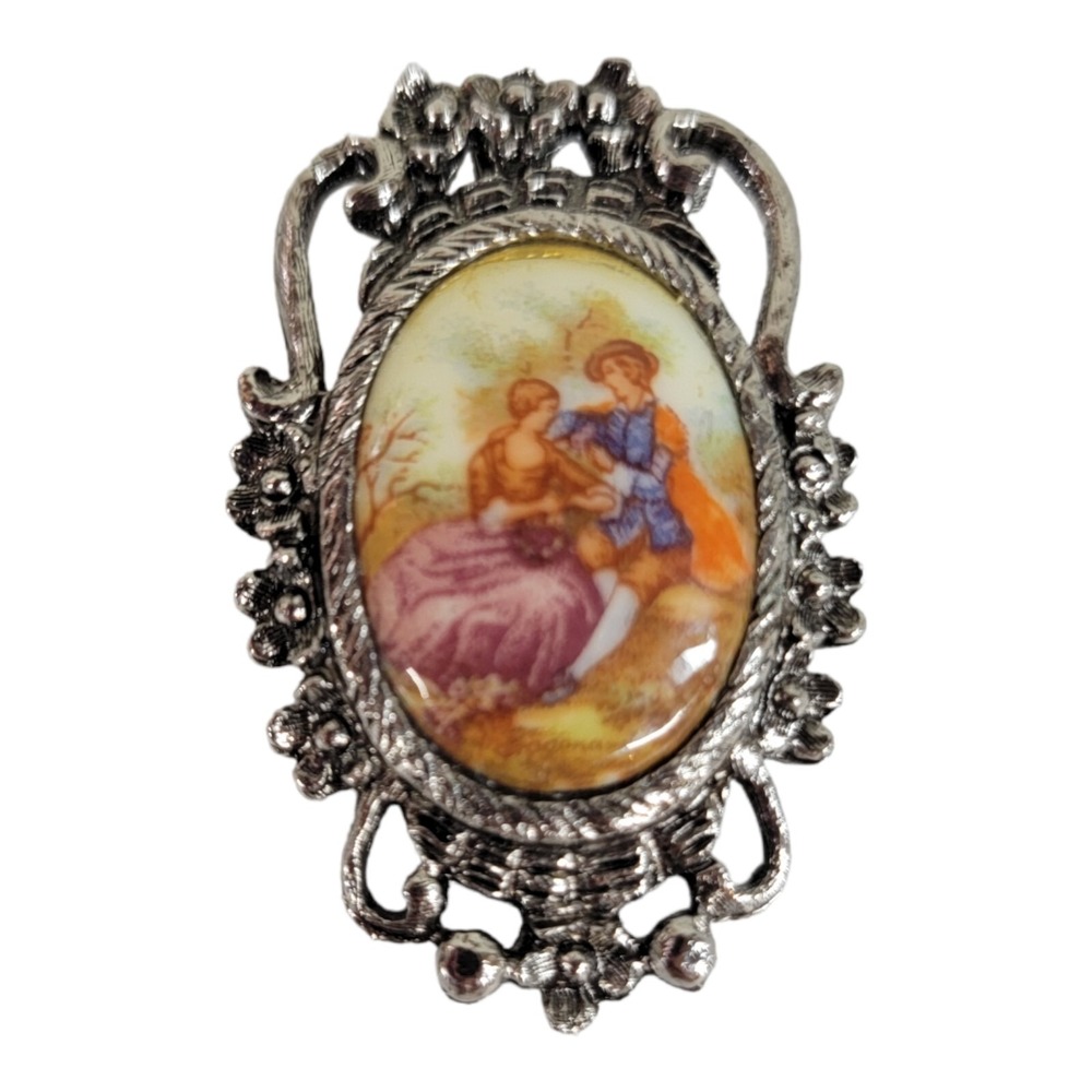 Vintage Style Pin Milk Glass Courting Couple Fragonard Gold Tone Lacy Brooch